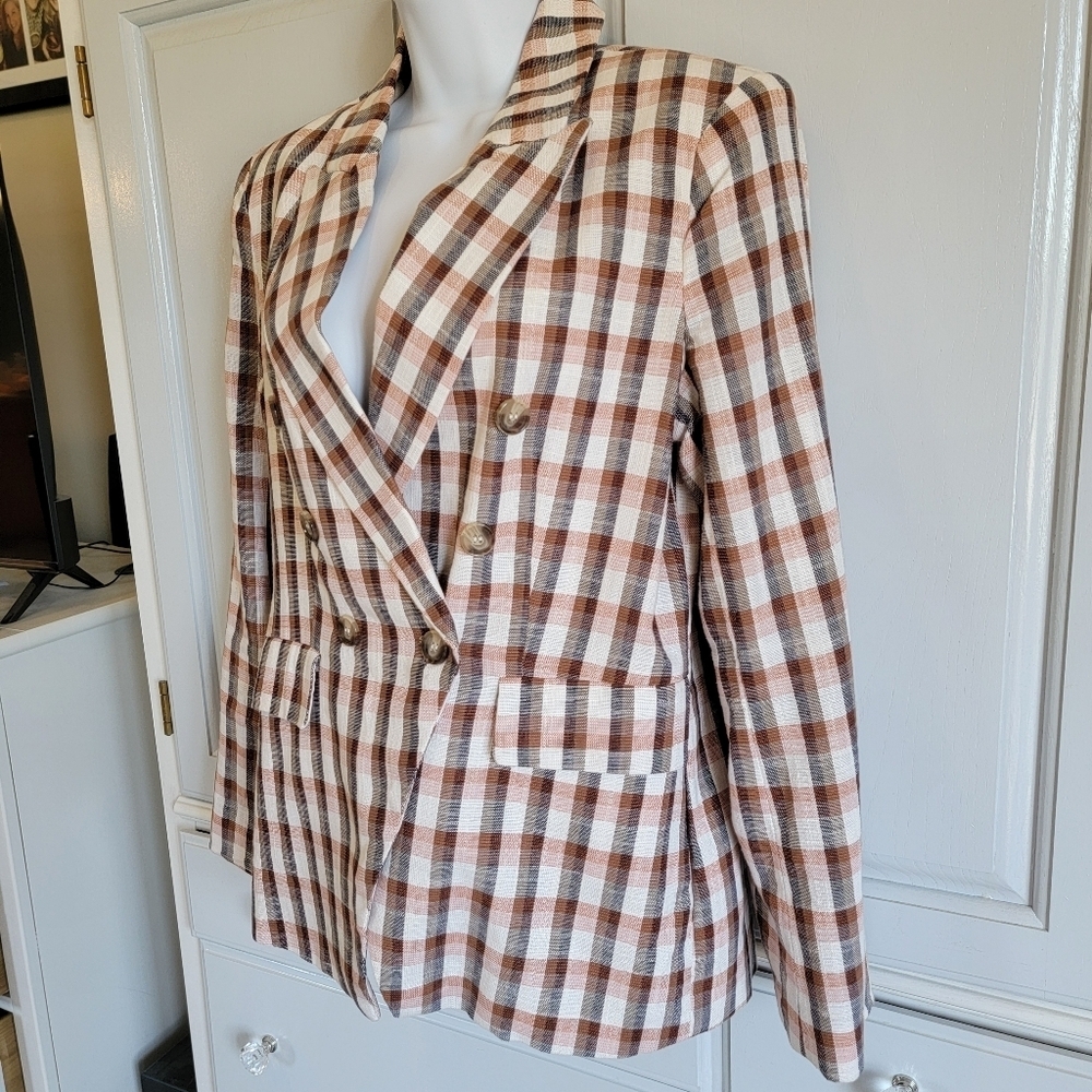 Joie Plaid Womens Cotton Blend Button Lined Blazer Jacket Tan Cream Navy Size M - Picture 3 of 11